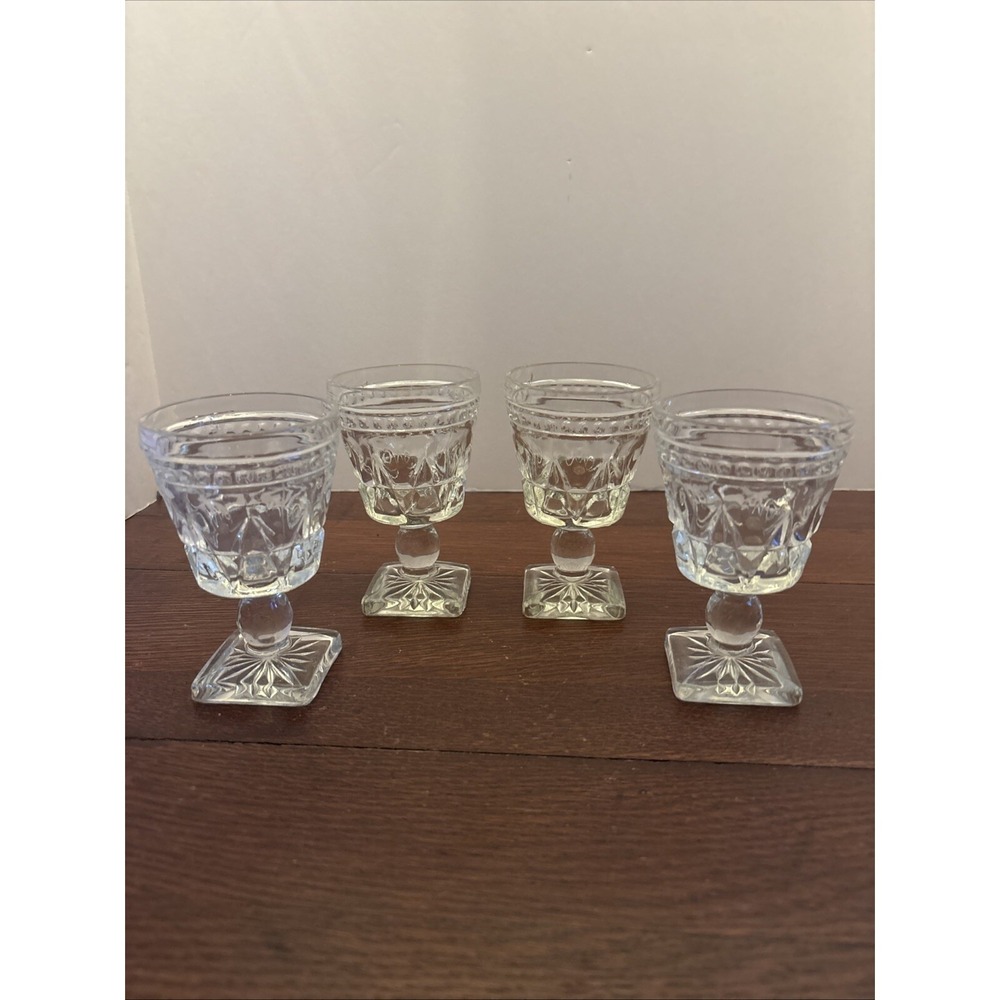 Vintage Clear Pressed Glass Cordial Glasses Square Base Diamond Pattern Set of 4